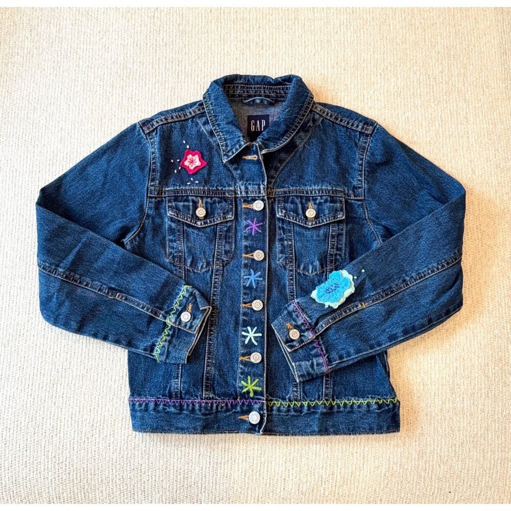 Vintage Y2K Gap Kids Girls Large Embroidered Denim Jacket Flowers Butterflies